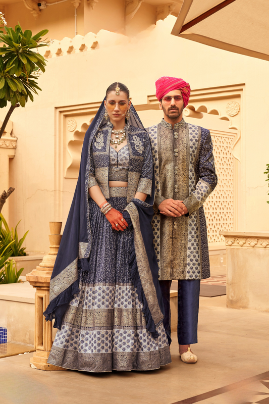 Designer Couple Outfit in Navy Blue Kurta Skirt and Men Indowestern Kurta - LaVante Fashion