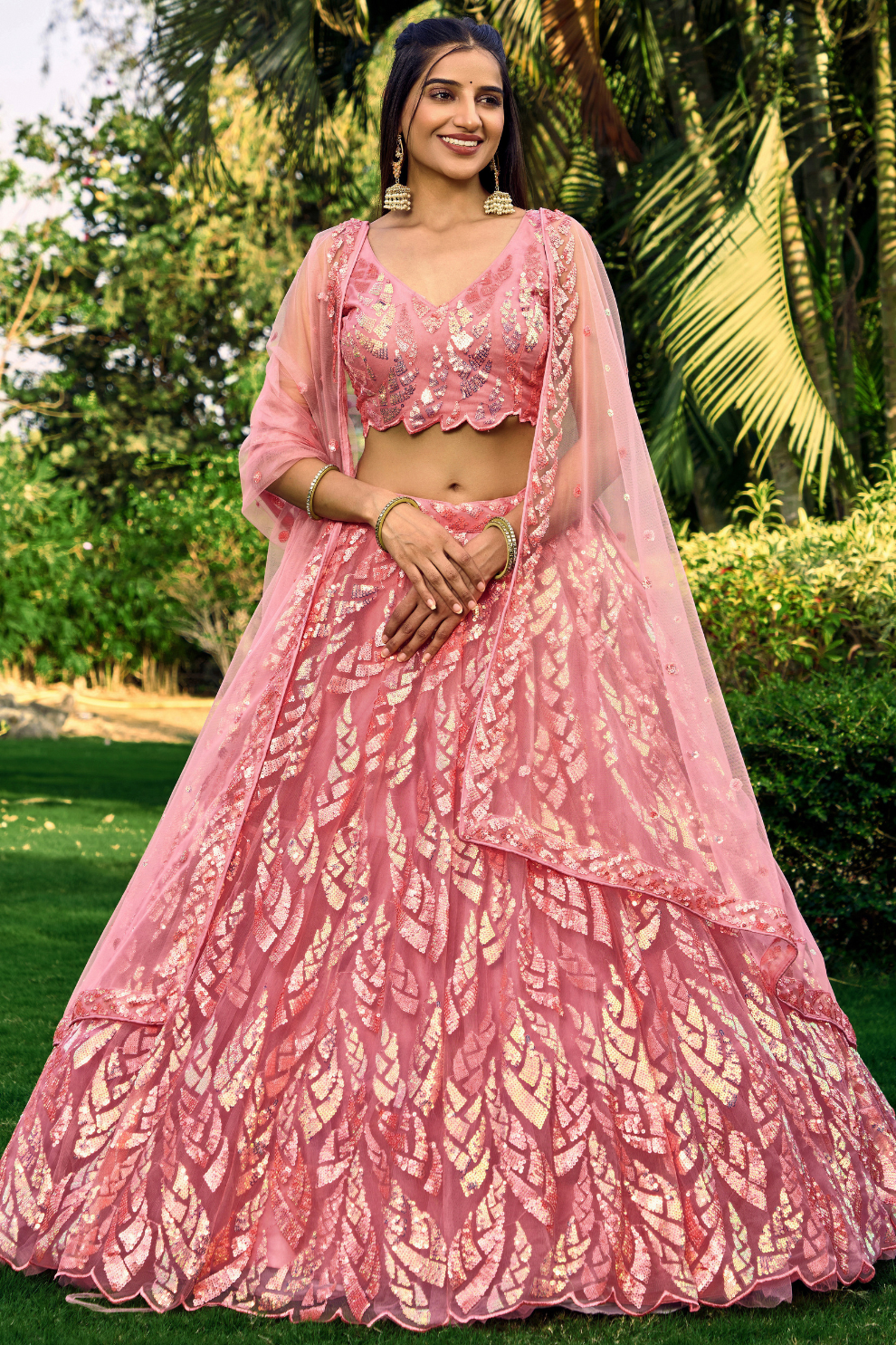 Elegant Lehenga Set with Multiple Sequins & Thread Embroidery