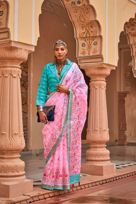 Graceful Linen Kora Saree with Woven Checks & Floral Elegance - LaVante Fashion