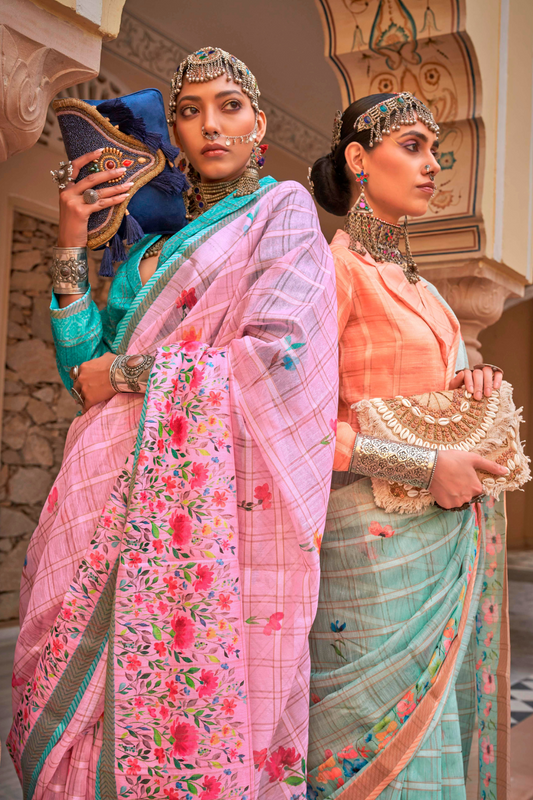 Graceful Linen Kora Saree with Woven Checks & Floral Elegance - LaVante Fashion