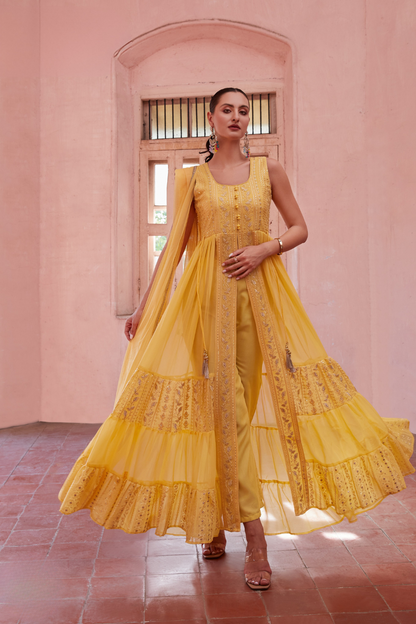Yellow Georgette Salwar Suit with Intricate Embroidery and Sequins Work