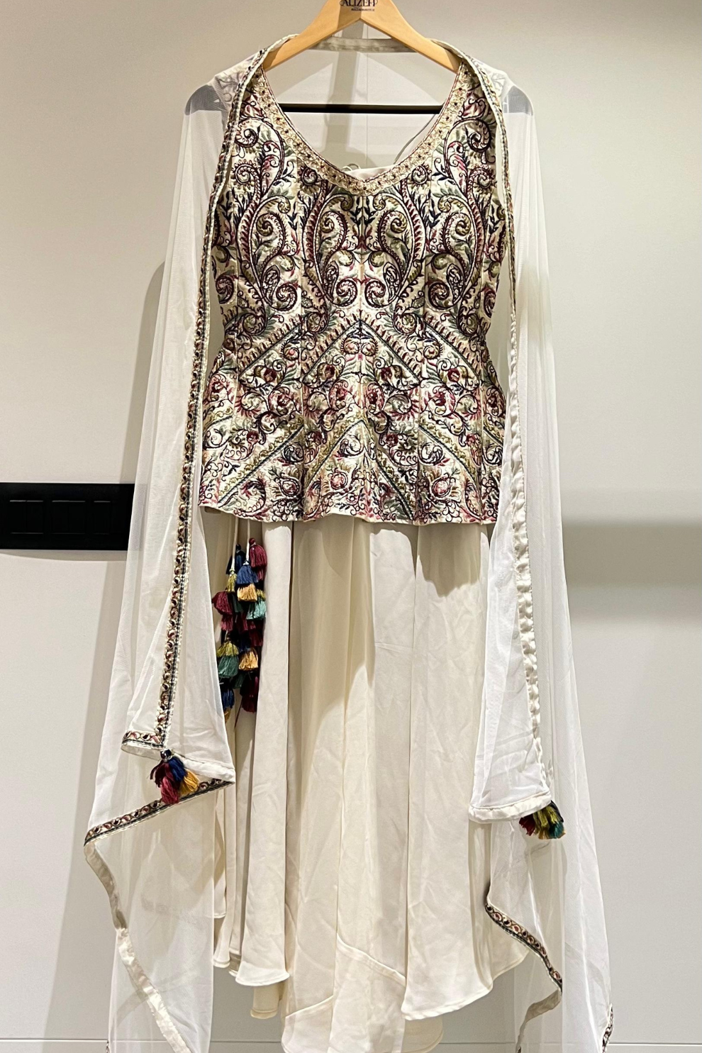 Designer Beige Readymade Satin Sharara Suit