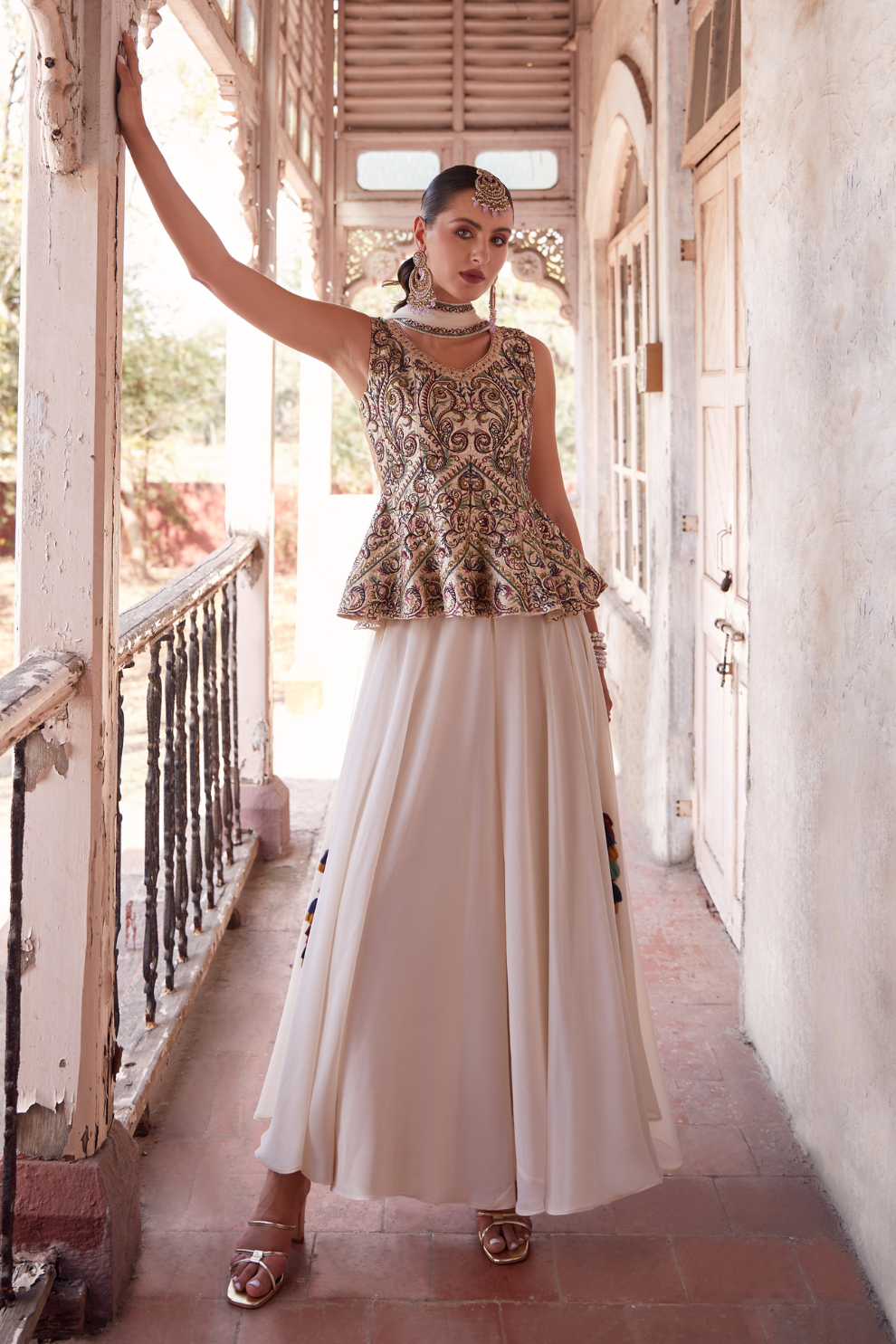 Designer Beige Readymade Satin Sharara Suit