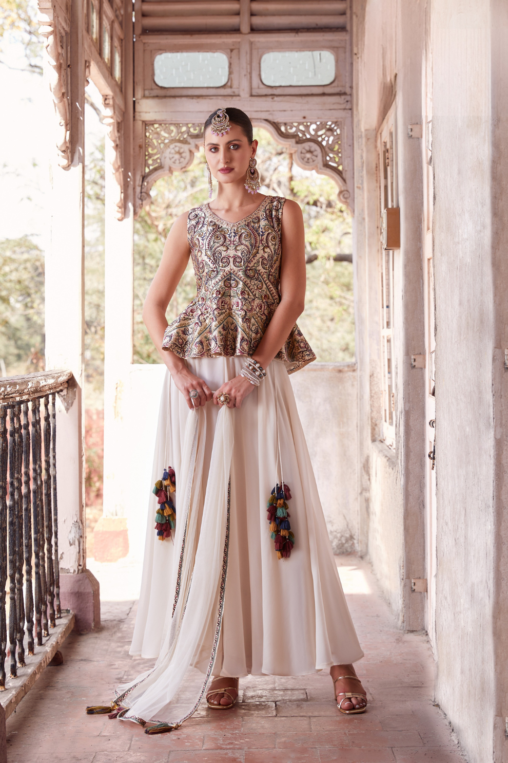 Designer Beige Readymade Satin Sharara Suit