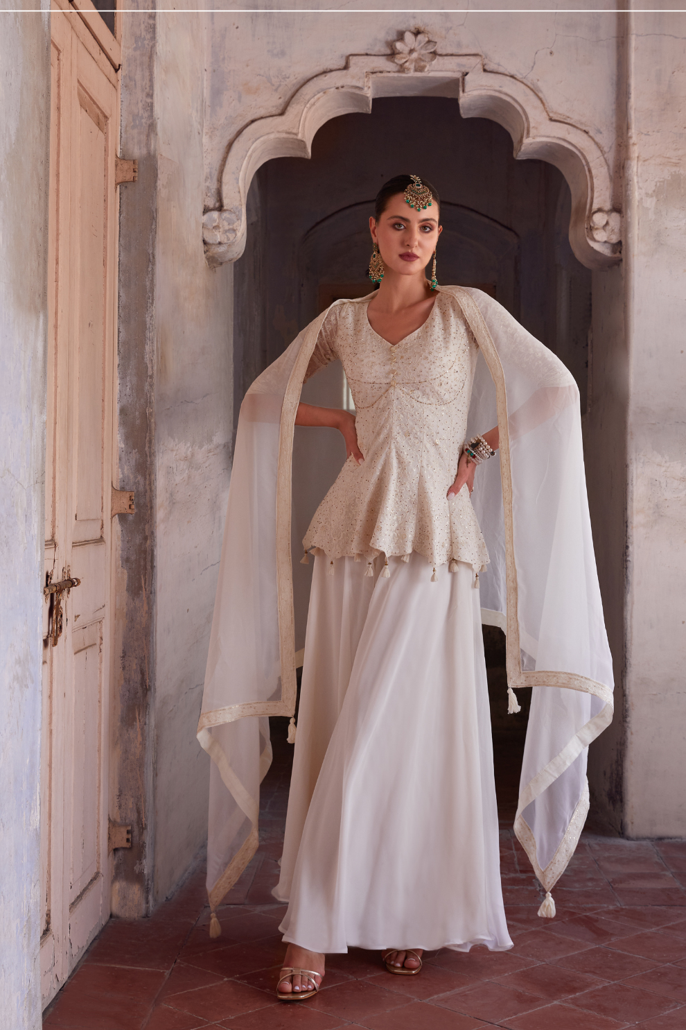 Off White Embroidered Georgette Sharara Suit Elegant Design