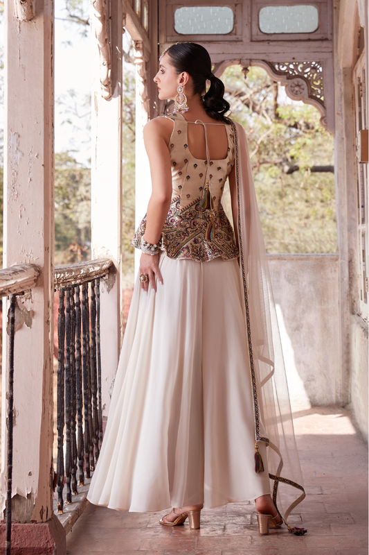 Designer Beige Readymade Satin Sharara Suit