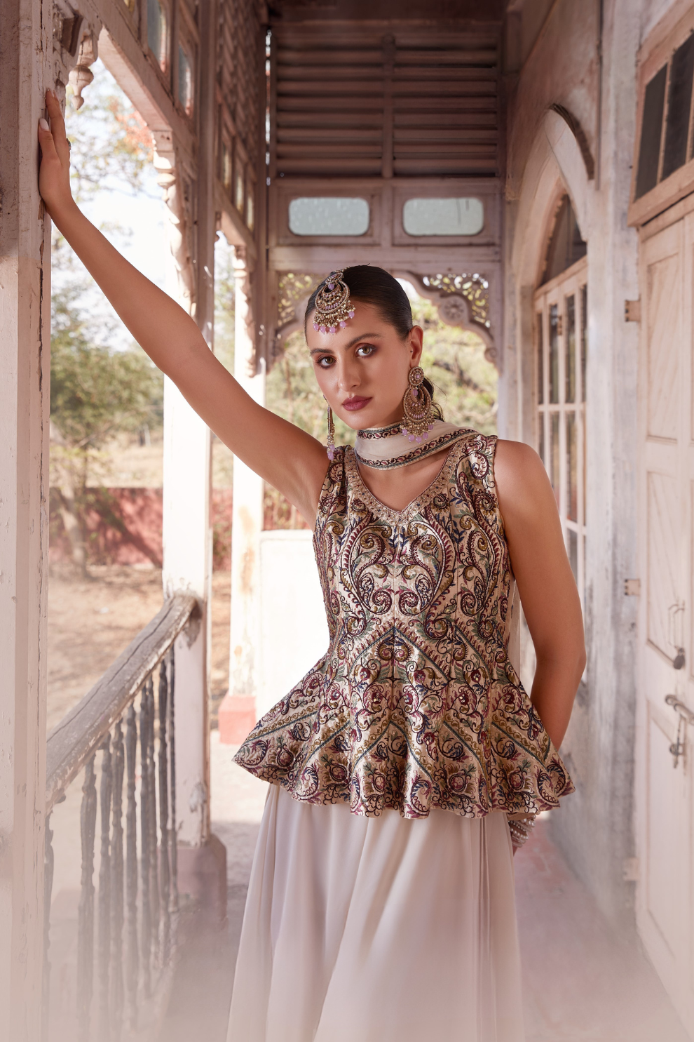 Designer Beige Readymade Satin Sharara Suit