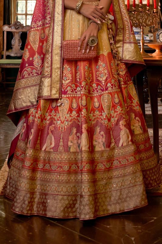 Radiant Orange & Pink Rajwadi Silk Lehenga With Mirror - LaVante Fashion
