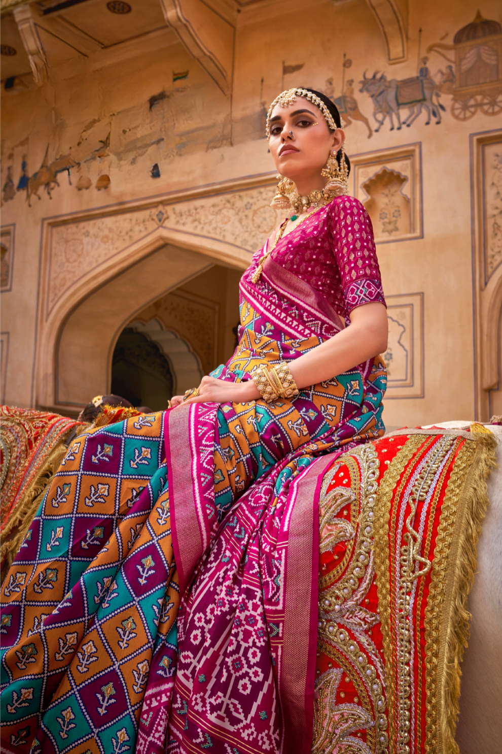 Elegant Patola Design Saree in Mercerized Silk with Gold Print