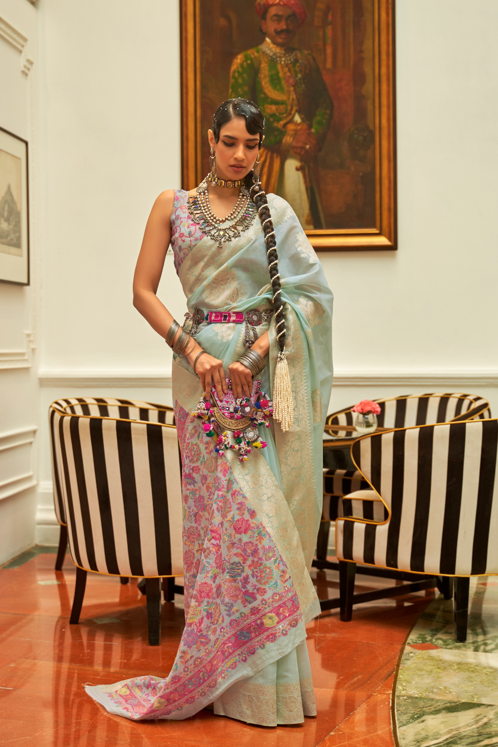 Premium Modal Saree with Ethnic Kashmiri Pallu and Blouse