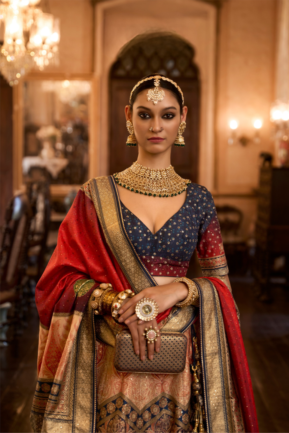 Vibrant Orange & Navy Silk Lehenga Choli - LaVante Fashion