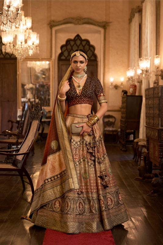 Velvet Brown &  Beige Silk Lehenga With Fine Detailing - LaVante Fashion