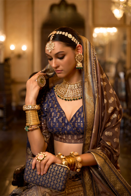 Golden Beige Stone Embellished Silk Lehenga Choli - LaVante Fashion