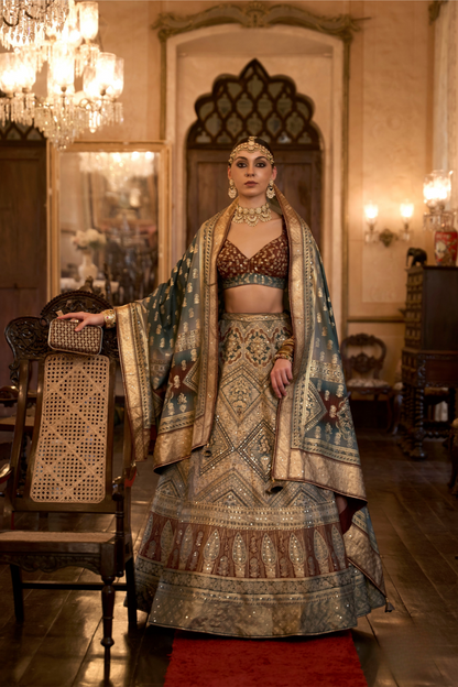 Grey Rewaa Taj Mahal Royal Silk Lehenga - LaVante Fashion