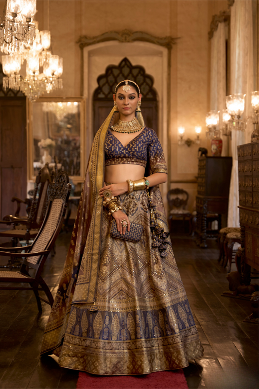 Golden Beige Stone Embellished Silk Lehenga Choli - LaVante Fashion