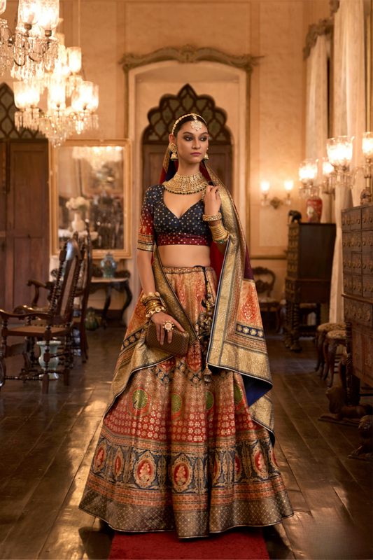 Vibrant Orange & Navy Silk Lehenga Choli - LaVante Fashion