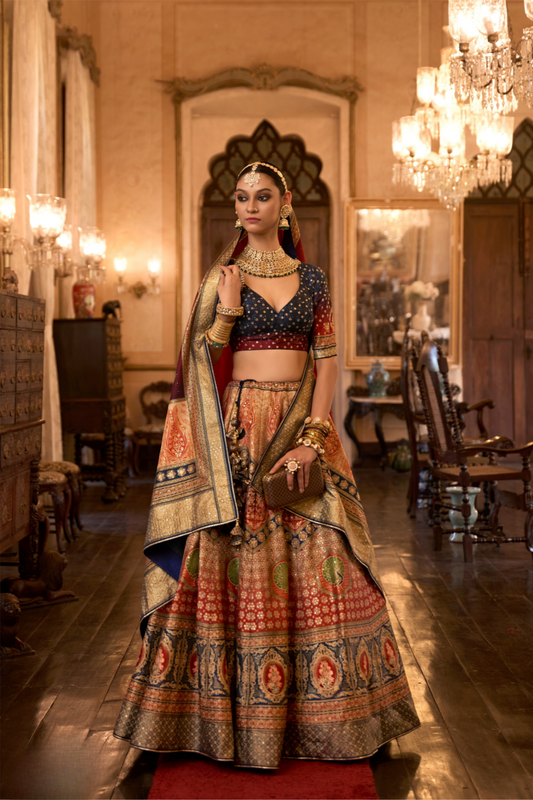 Vibrant Orange & Navy Silk Lehenga Choli - LaVante Fashion