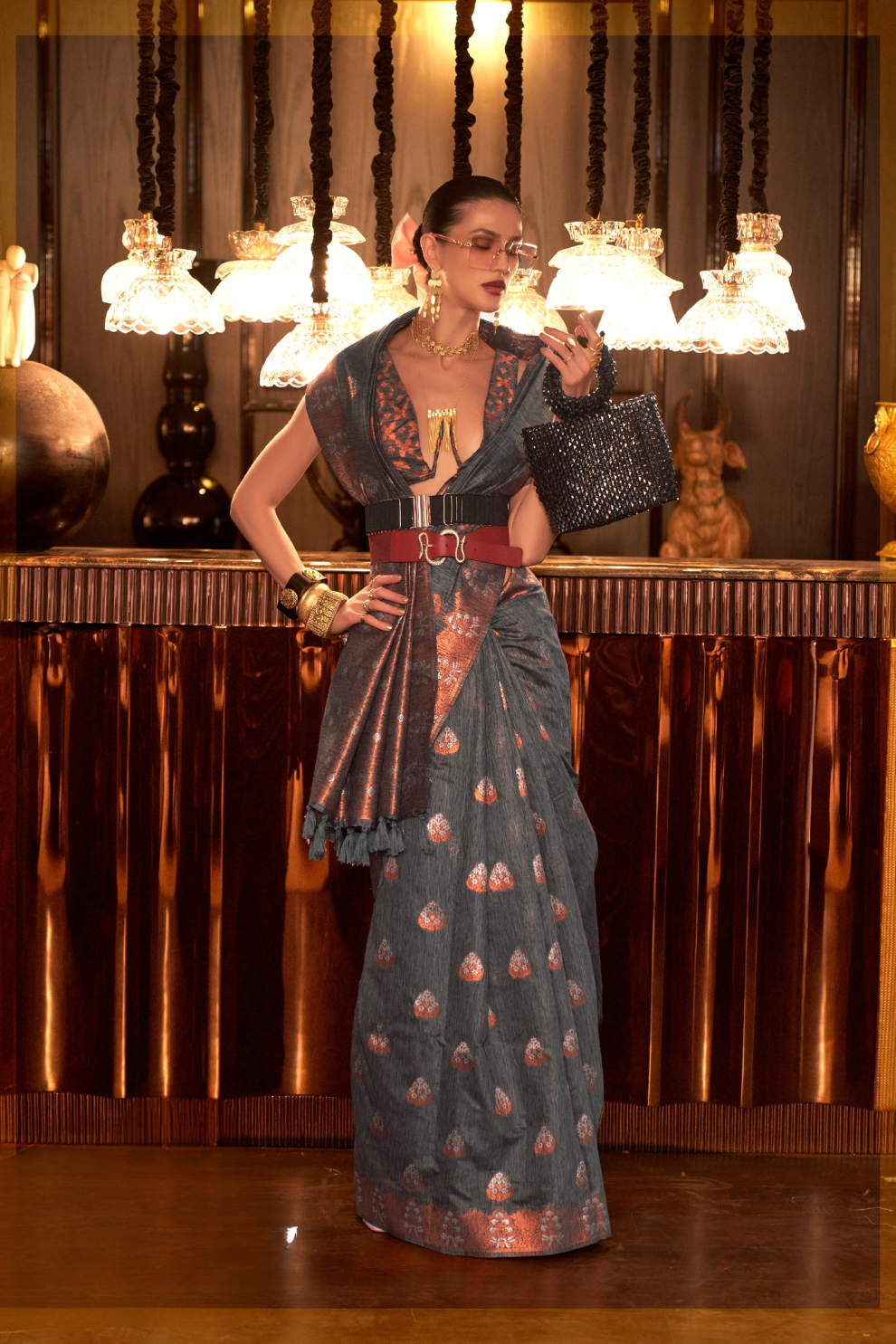 Multi Pure Linen Saree with Copper Zari Weaving Elegance