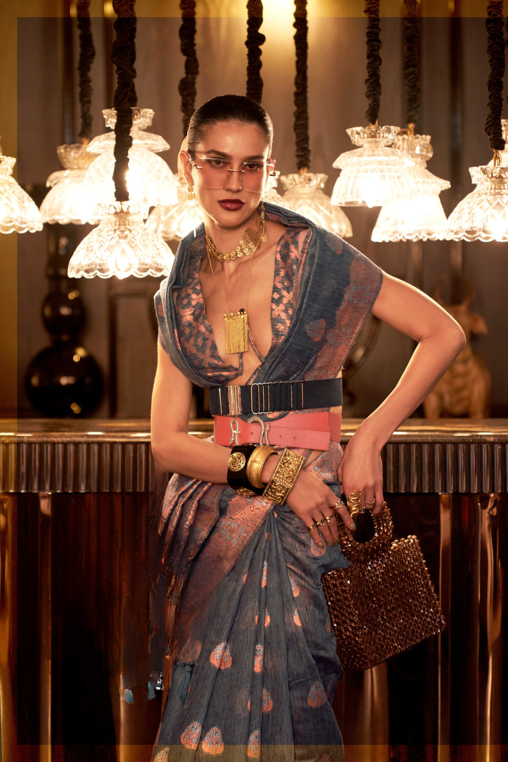 Multi Pure Linen Saree with Copper Zari Weaving Elegance