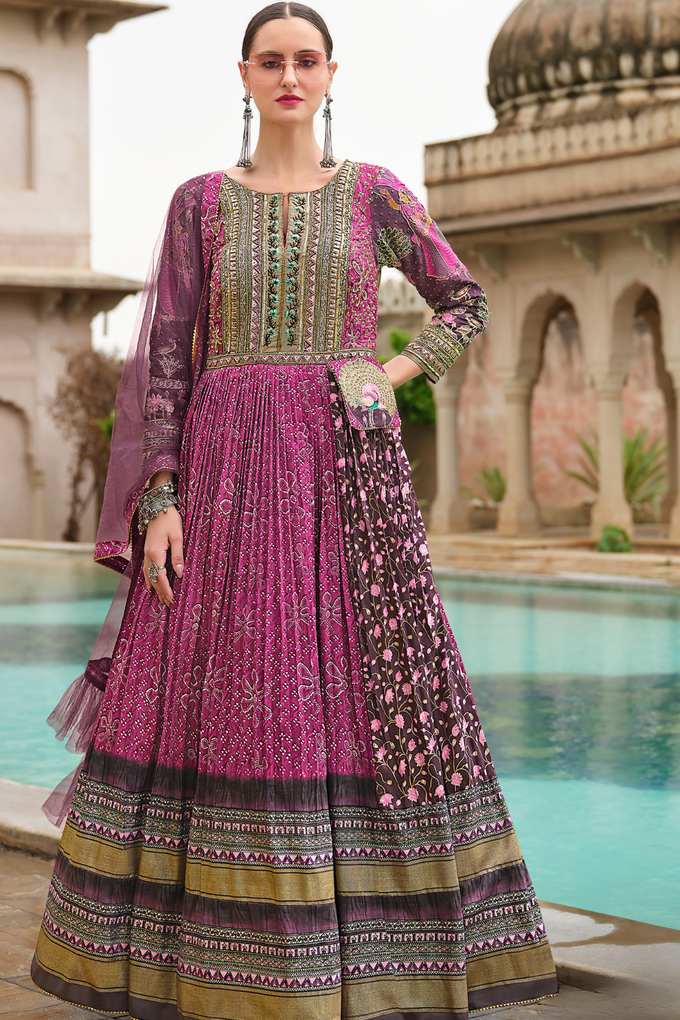 Purple Floral Printed Anarkali Gown In Premium Silk
