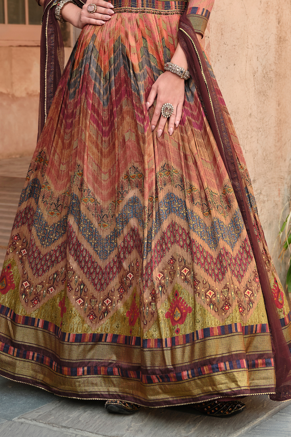 Brown Elegant Fab Foil Print Floor Length Gown For Weddings