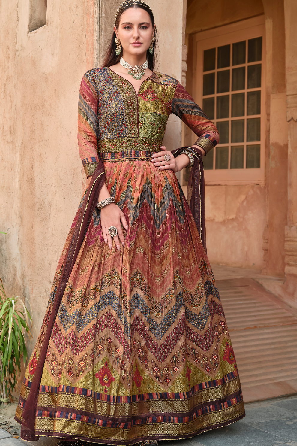 Brown Elegant Fab Foil Print Floor Length Gown For Weddings