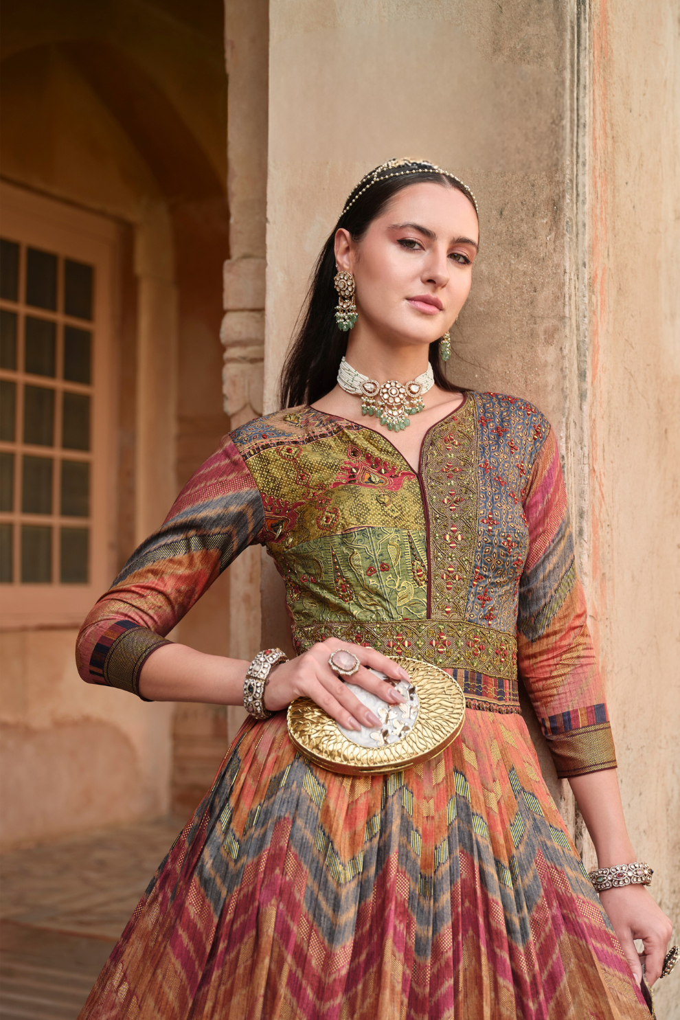 Brown Elegant Fab Foil Print Floor Length Gown For Weddings