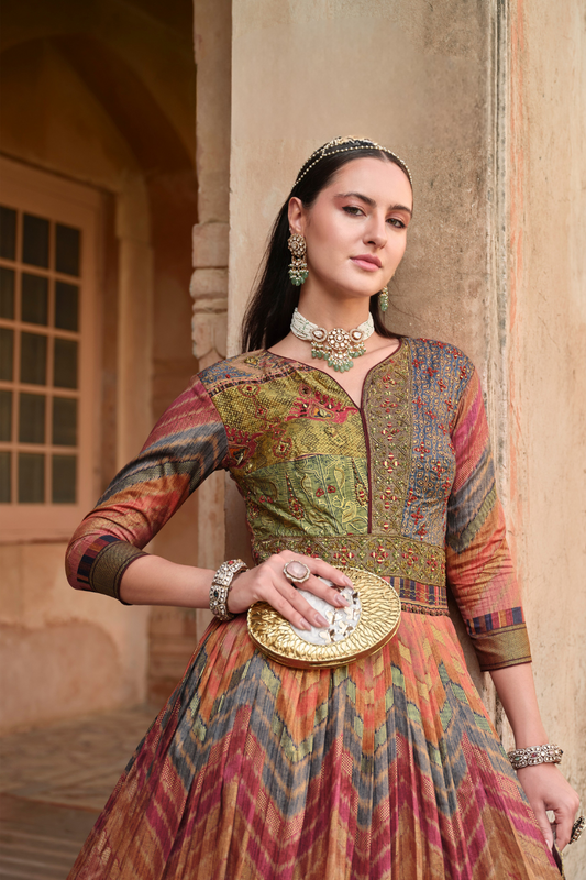 Brown Elegant Fab Foil Print Floor Length Gown For Weddings