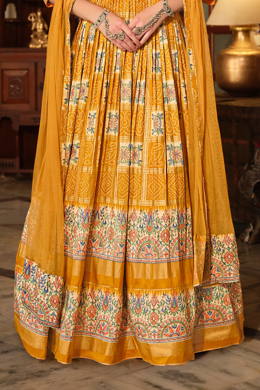 Yellow Bandhani Silk Haldi Wear Gown With Elegant Dupatta