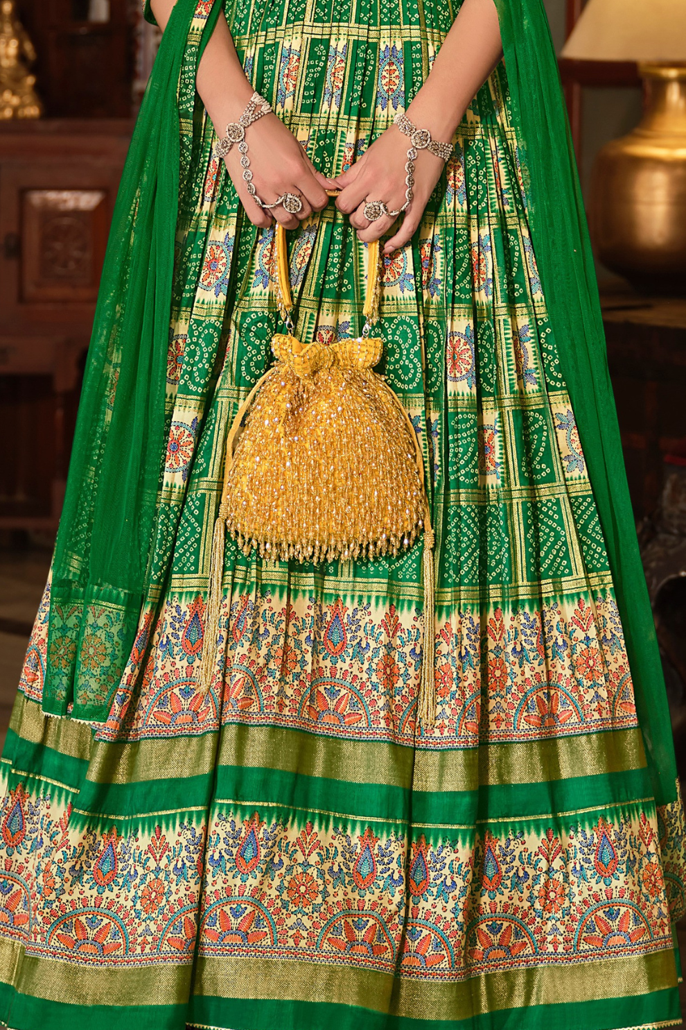 Green Bandhani Printed Silk Anarkali Gown With Dupatta
