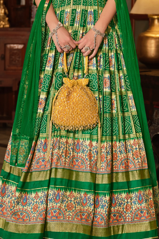 Green Bandhani Printed Silk Anarkali Gown With Dupatta