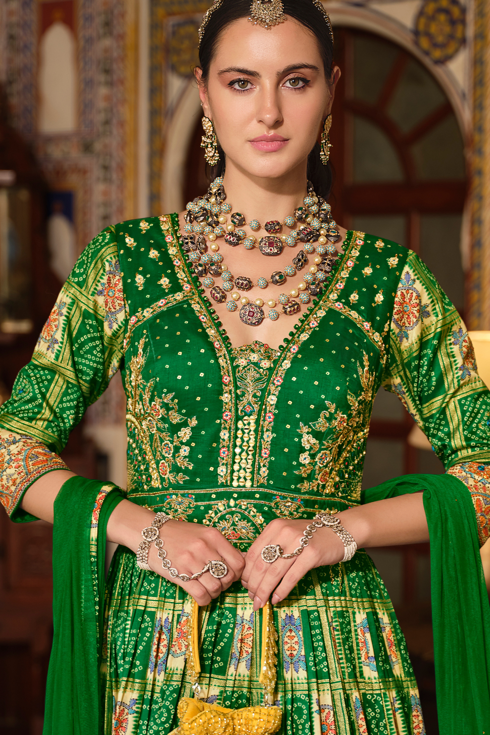 Green Bandhani Printed Silk Anarkali Gown With Dupatta