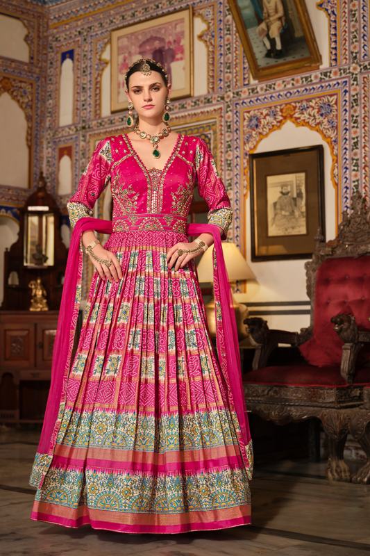 Magenta Pink Handcrafted Designer Gown With Vibrant Embellished Details