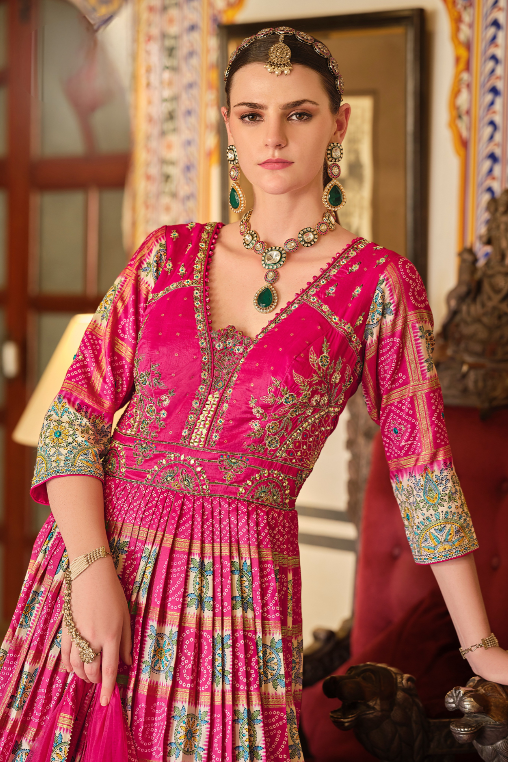 Magenta Pink Handcrafted Designer Gown With Vibrant Embellished Details