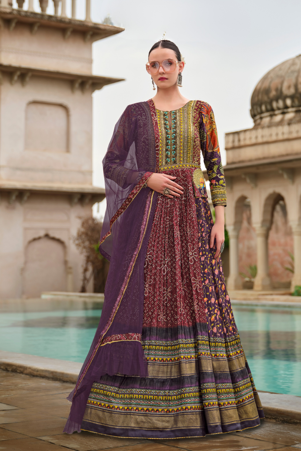 Elegant Purple Silk Anarkali With Delicate Floral Print