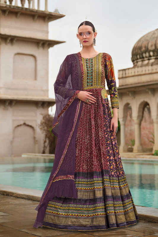 Elegant Purple Silk Anarkali With Delicate Floral Print