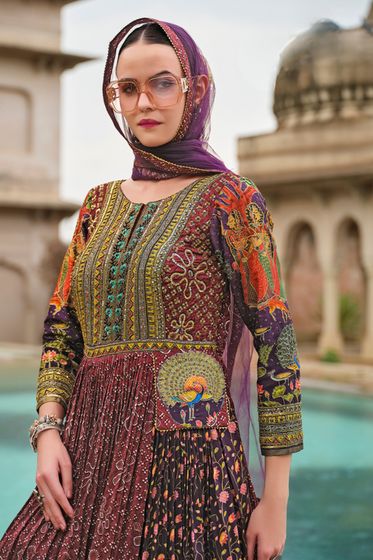 Elegant Purple Silk Anarkali With Delicate Floral Print