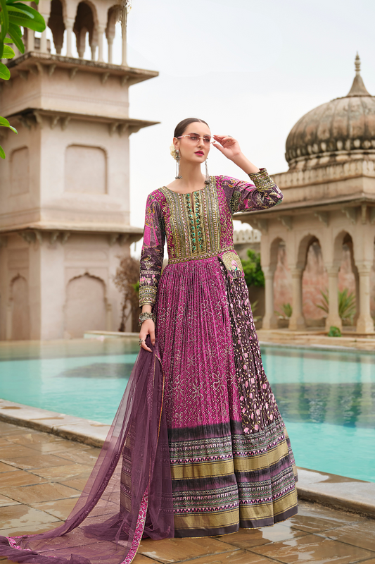 Purple Floral Printed Anarkali Gown In Premium Silk