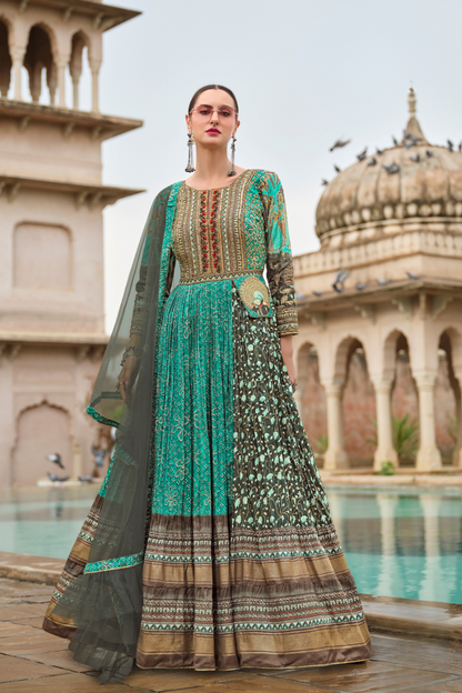 Blue Floral Printed Anarkali Gown In Premium Silk