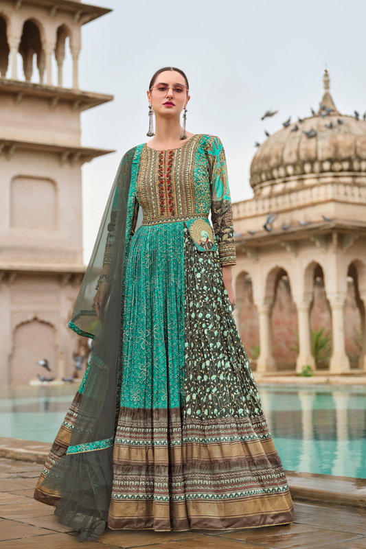 Blue Floral Printed Anarkali Gown In Premium Silk