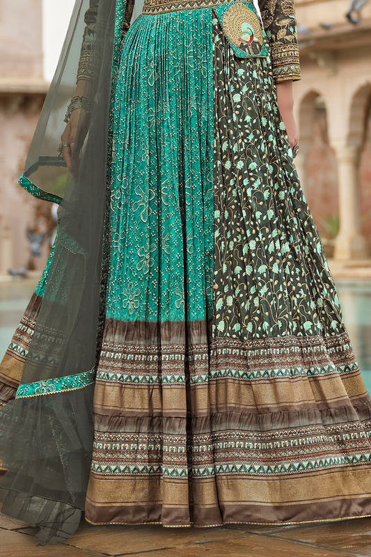 Blue Floral Printed Anarkali Gown In Premium Silk