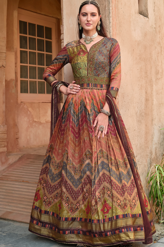 Brown Elegant Fab Foil Print Floor Length Gown For Weddings