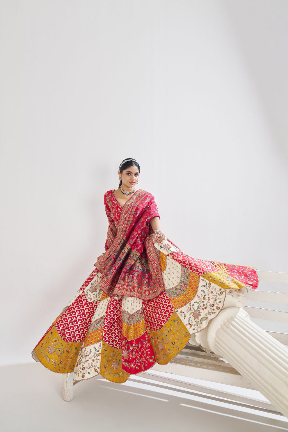 Multicolour Designer Bridal Lehenga with Banarasi Mosaic Weaving and Scallop Detailing