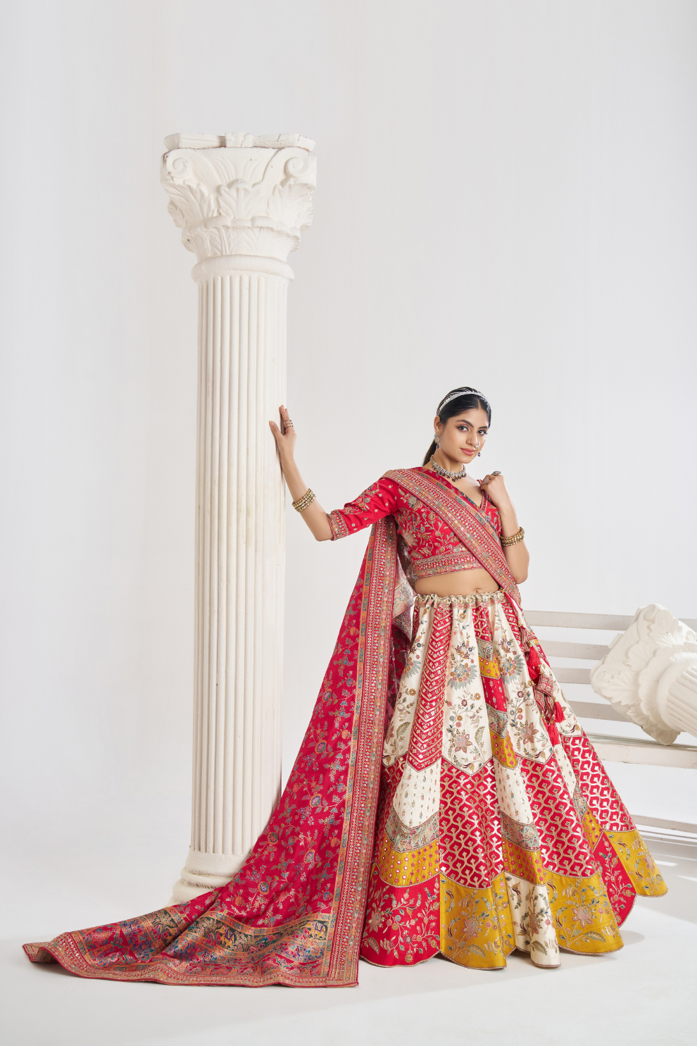 Multicolour Designer Bridal Lehenga with Banarasi Mosaic Weaving and Scallop Detailing
