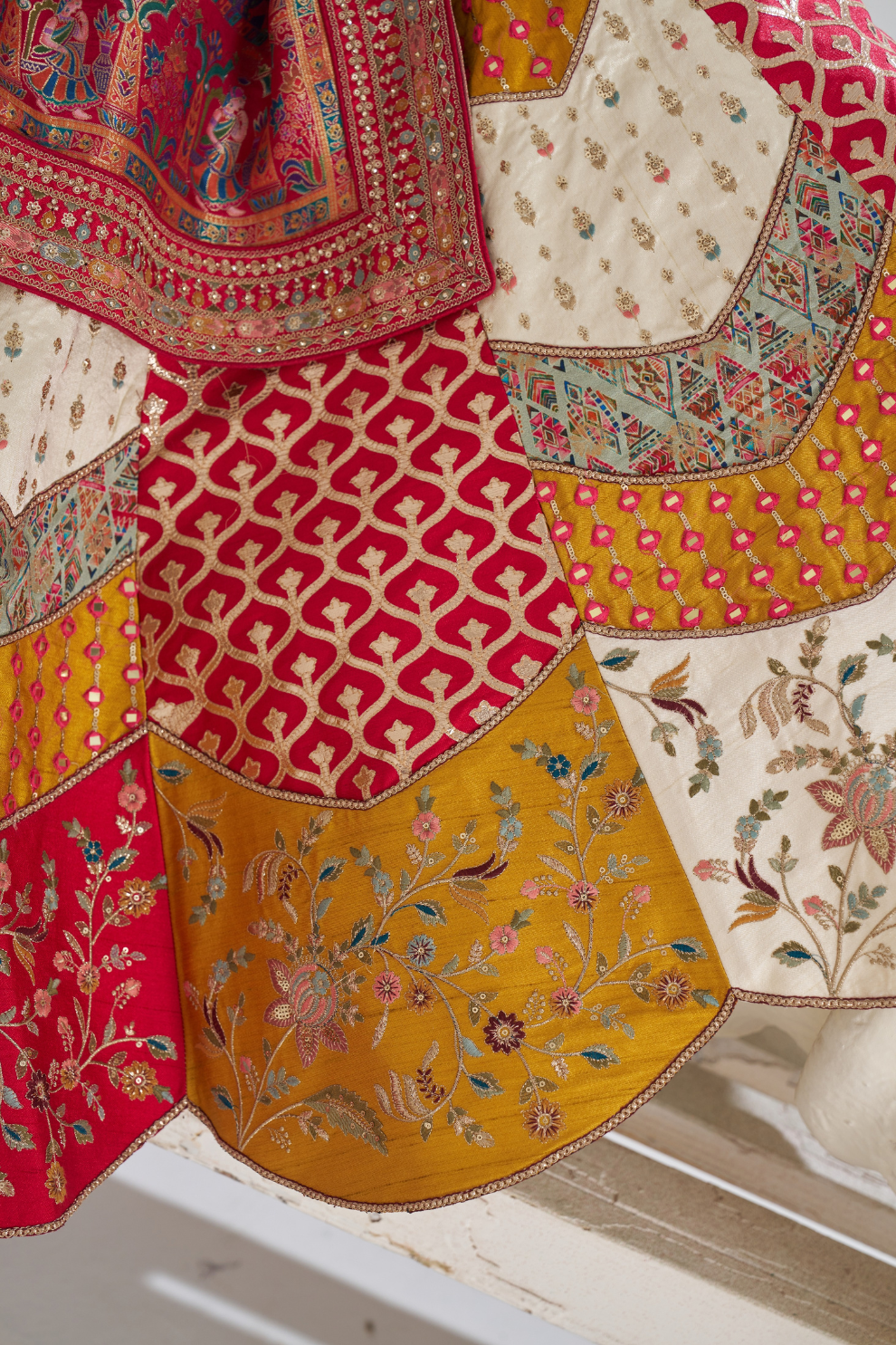 Multicolour Designer Bridal Lehenga with Banarasi Mosaic Weaving and Scallop Detailing