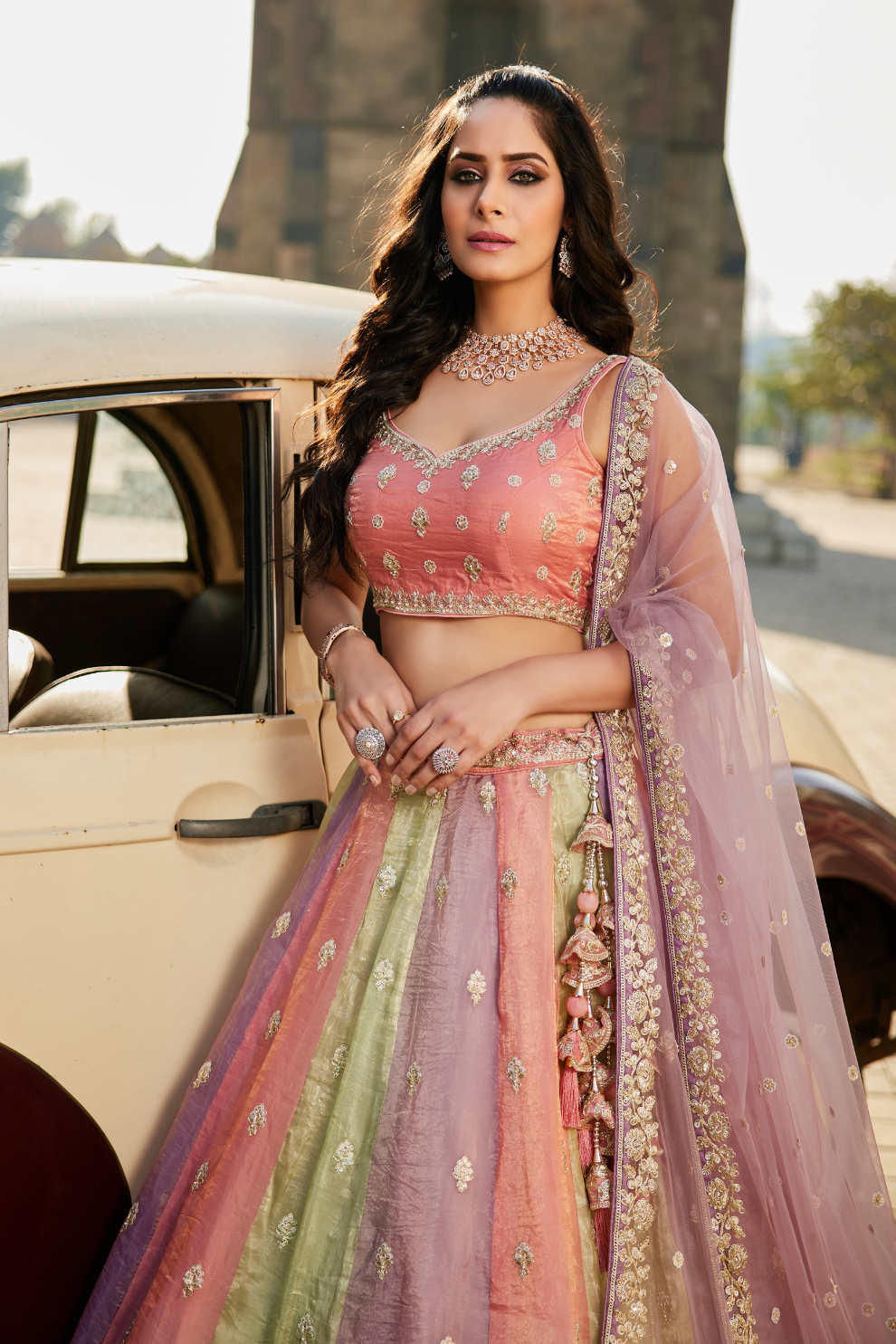 Soft Tissue Lehenga Choli Set with Coordinated Sequins Embroidery