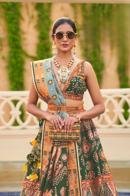 Emerald Elegance Silk Lehenga Choli with Intricate Embroidery - LaVante Fashion