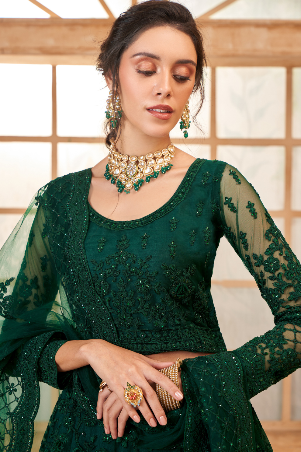 Graceful Dark Green Embroidered Lehenga In Net With Diamond