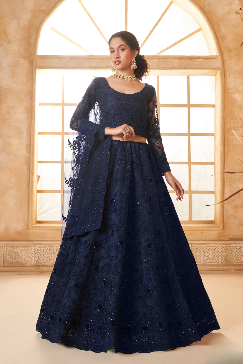 Festive Navy Blue Stone-Studded Net Lehenga Skirt