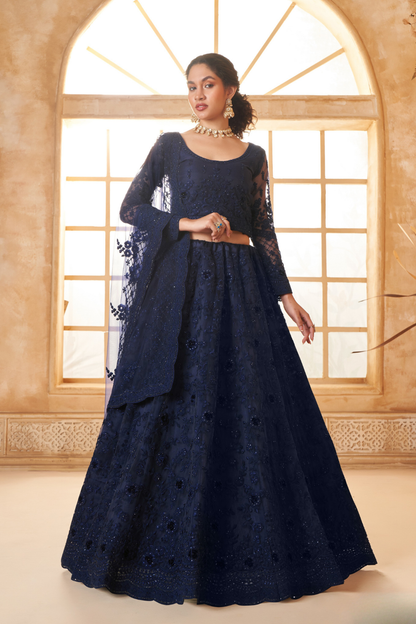 Festive Navy Blue Stone-Studded Net Lehenga Skirt